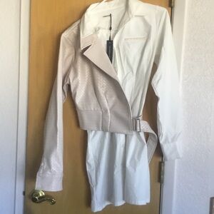 White and Beige Long-Sleeve Dress with Belt